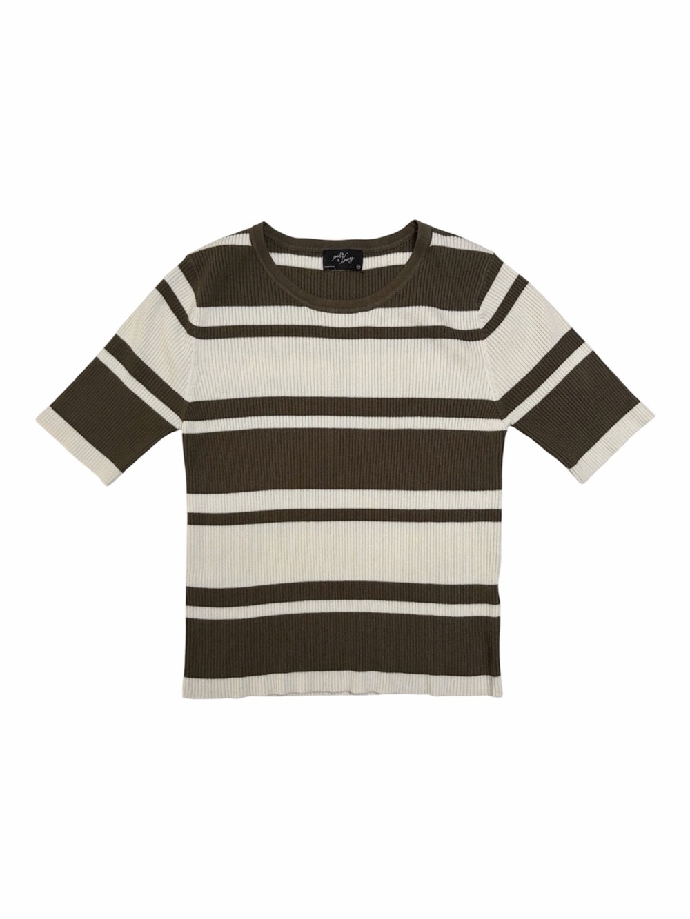 Milk & Honey | Olive Ivory Striped Short Sleeve Cropped Sweater Ribbed